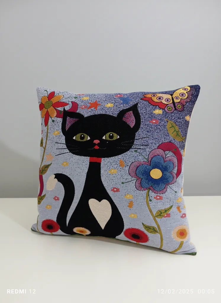 Desenli Goblen Dokuma Kedili Kırlent Kılıfı - 44x44 cm Dekoratif Yastık Kılıfı