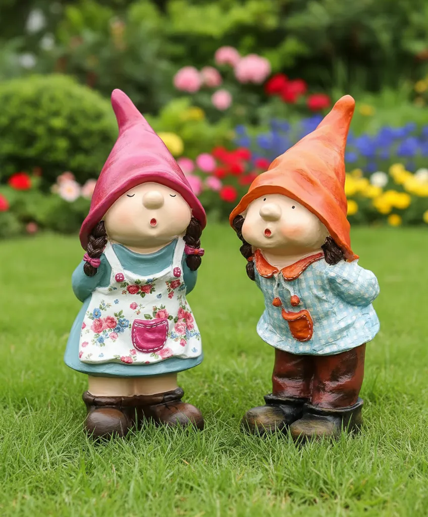 Renkli Şapkalı Bahçe Cüceleri Figürleri - Dekoratif Heykel Seti (Çift)