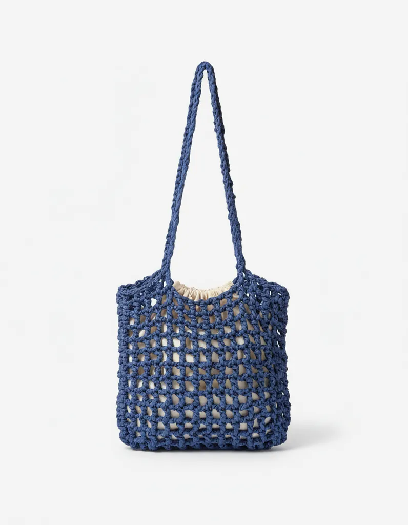 Mavi El Örgüsü File Çanta Veronika Model İç Astarlı Tığ İşi