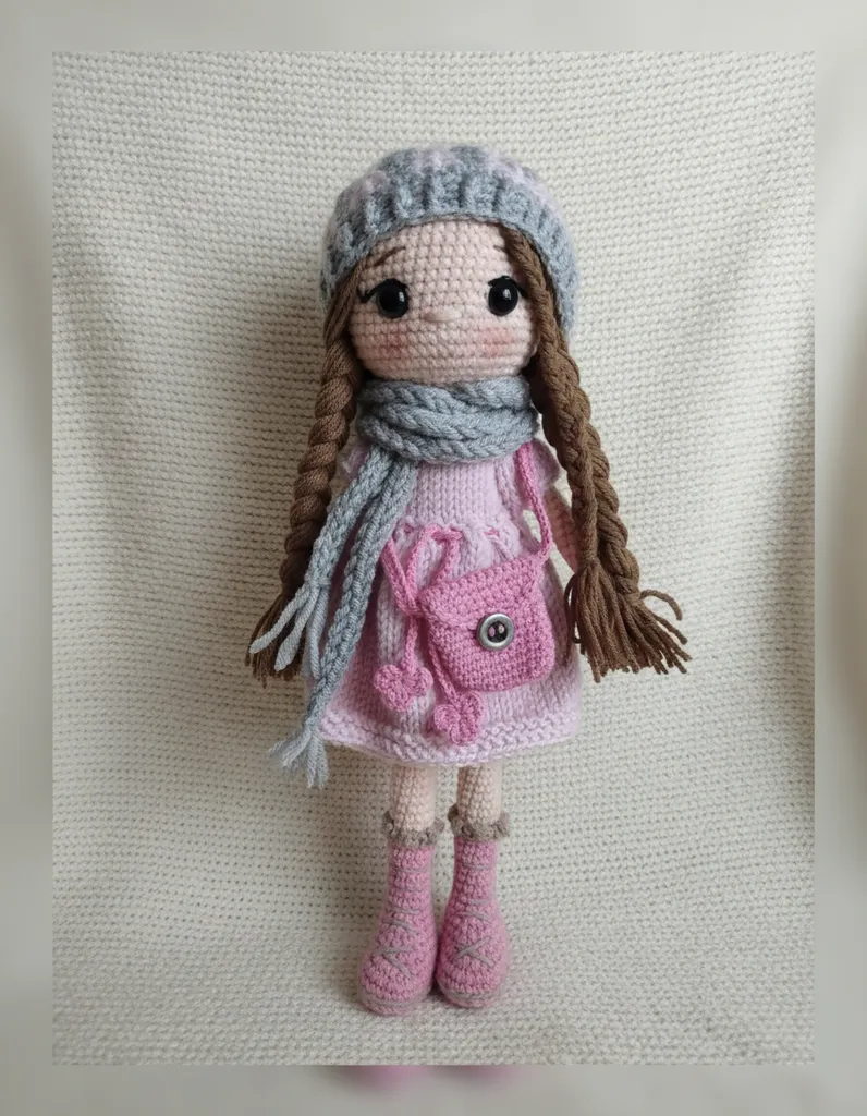 El Örmesi Pembe Elbiseli Gri Şapkalı Amigurumi Oyuncak Bebek 27 cm