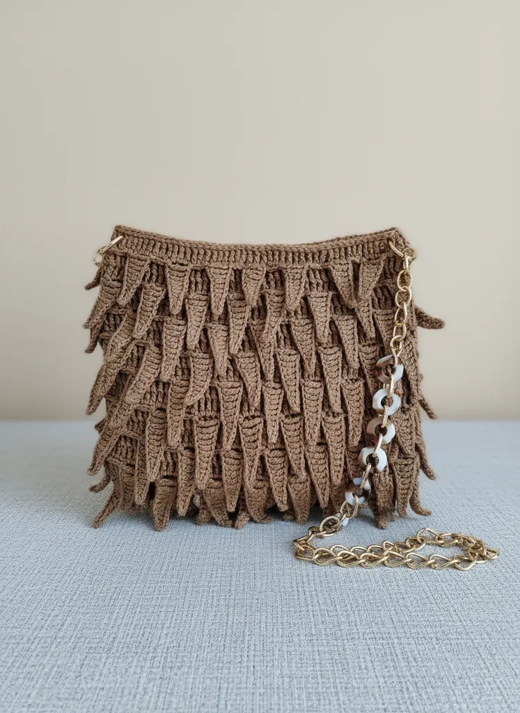 El Örgüsü Tığ İşi Yaprak Desenli Kahverengi Omuz Çantası ve Zincir Detayı