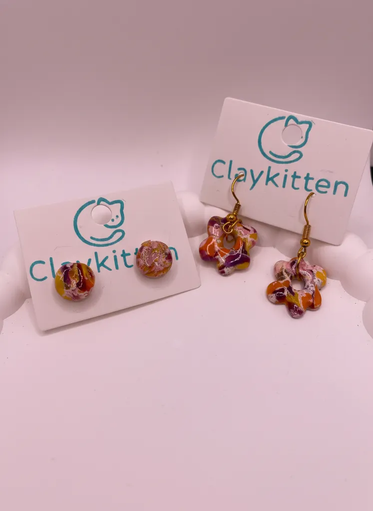 Handmade Polymer Clay Flower and Sphere Designed Colorful Earring Set