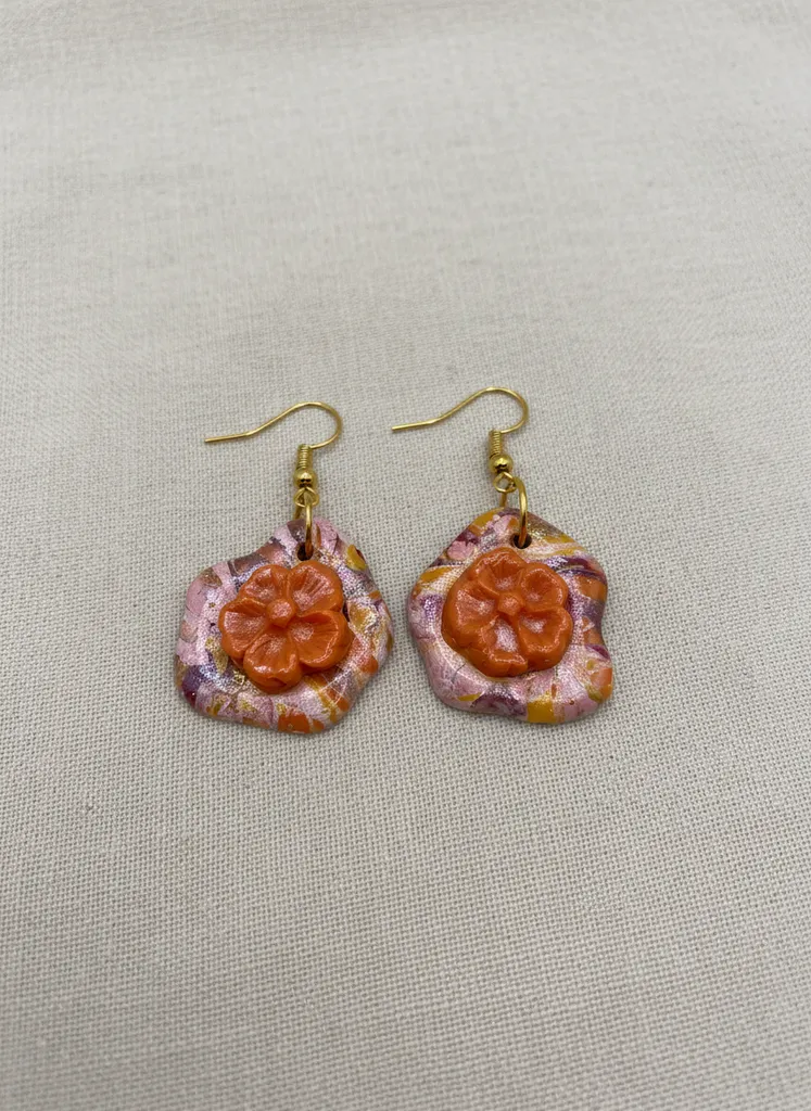Orange Flower Detailed Handmade Earring - Claykitten Design