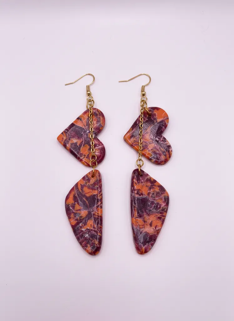 Burgundy and Orange Marble Patterned Heart and Leaf Earrings - Gold Detailed