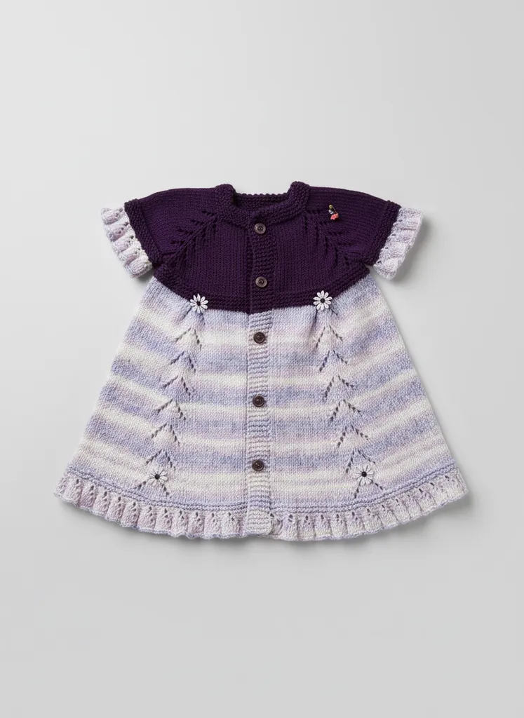 El Örgüsü Mor ve Lila Kız Çocuk Yeleği - Düğmeli, Çiçek Detaylı