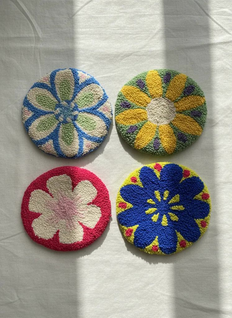 El Yapımı Renkli Çiçek Desenli Bardak Altlıkları - 4'lü Set (Punch Nakışı)