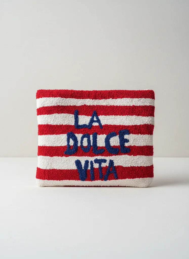 La Dolce Vita Yazlık Clutch Punch Çanta - El İşlemesi Kırmızı Beyaz Şeritli