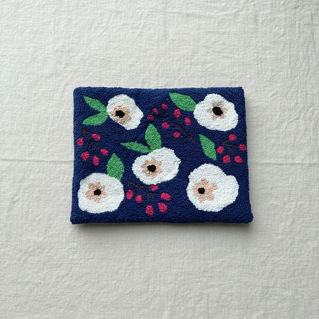 El Yapımı Punch Nakışı Clutch Çanta - Mavi Zemin Beyaz Çiçek Desenli