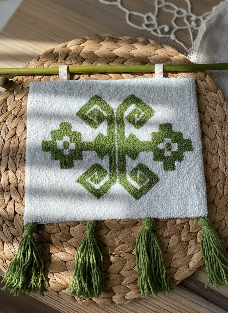 El Yapımı Bereket Motifli Makrome Duvar Halısı - Yeşil Püsküllü Dekoratif