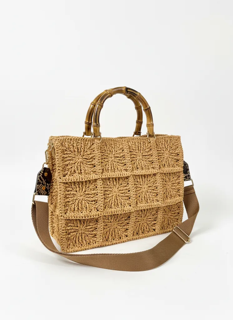 El Örmesi Kağıt İp Hasır Desenli Omuz ve Kol Çantası - Bambu Saplı