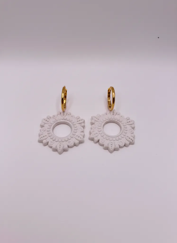 Beyaz Seramik Çiçek Desenli Altın Rengi Halkalı Küpe - Asaletli Tasarım