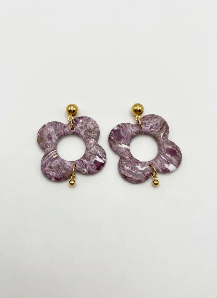 Purple Toned Floral Designed Gold Detailed Earring - Handmade Custom Design