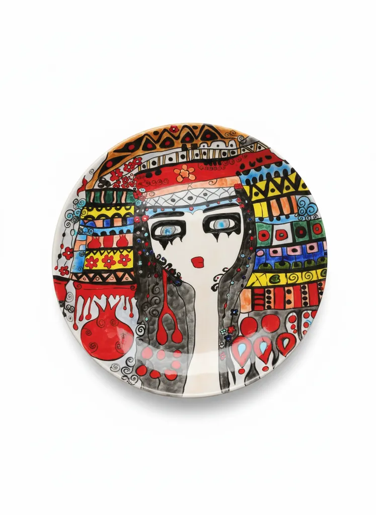 Modern Anadolu Kadını Temalı Renkli El Boyaması Sanat Seramik Tabağı