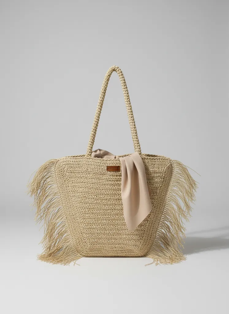 Handmade Paper Rope Knit Beach Bag - Tasseled, Lined and Snap Fastened