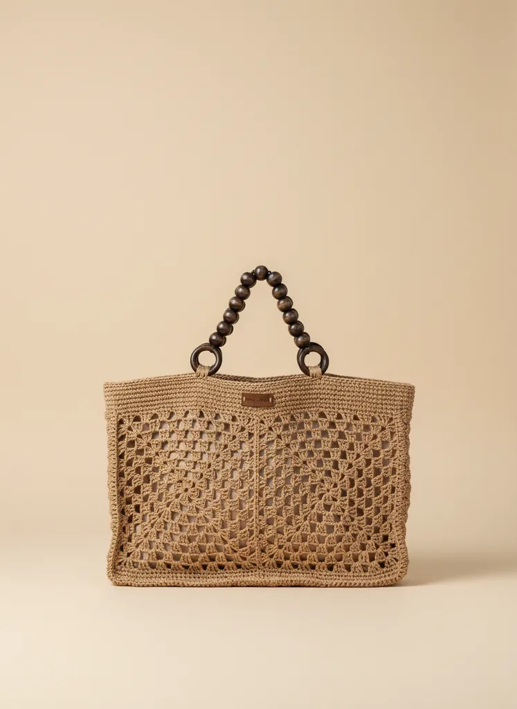 El Örmesi Kağıt İp Plaj Çantası - Ahşap Boncuk Saplı Şık Tasarım