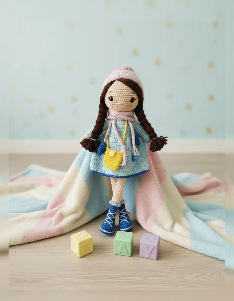 El Örgüsü Amigurumi Bebek Oyuncak - Mavi Elbiseli ve Aksesuarlı 30 cm