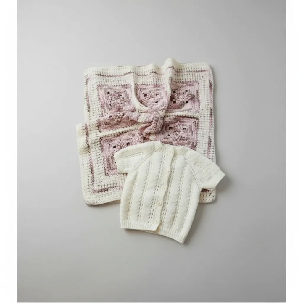 El Örgüsü Bebek Battaniyesi ve Kısa Kollu Yelek İkili Takım - 75x75 cm