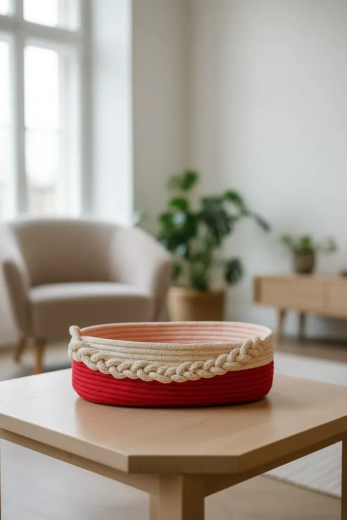 El Yapımı Pamuk İpinden Çok Amaçlı Organizer Sepet - Kırmızı ve Krem