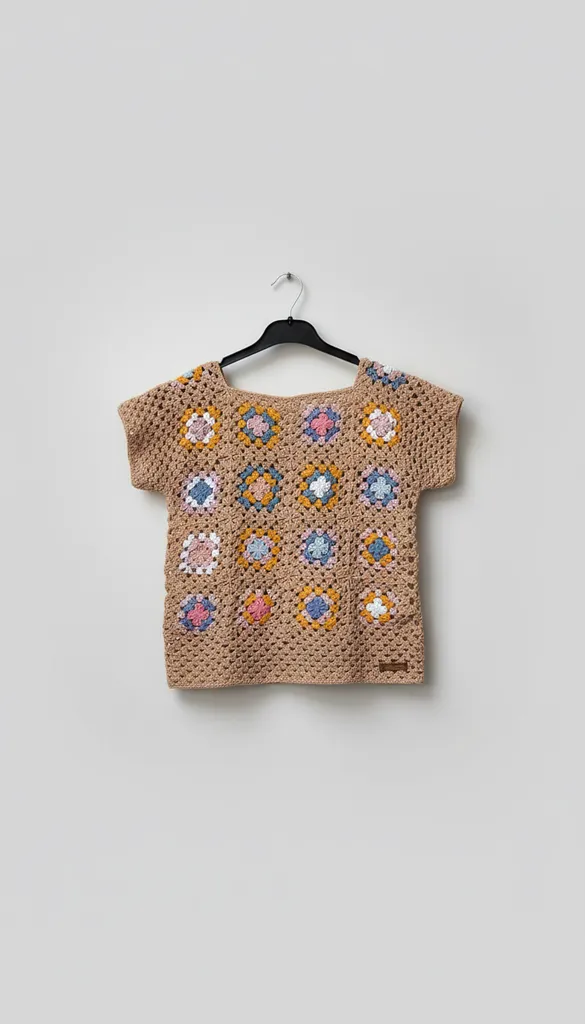 Kahverengi Motifli Örgü Bluz - El Yapımı Koton Yazlık Triko Bluz