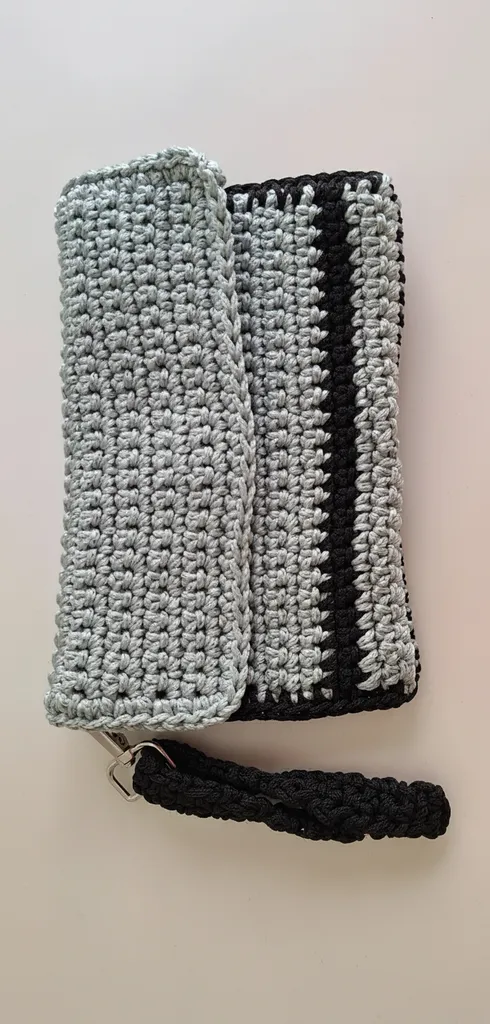 Hand Knitted Gray and Black Colored Polyester Yarn Wallet and Phone Bag