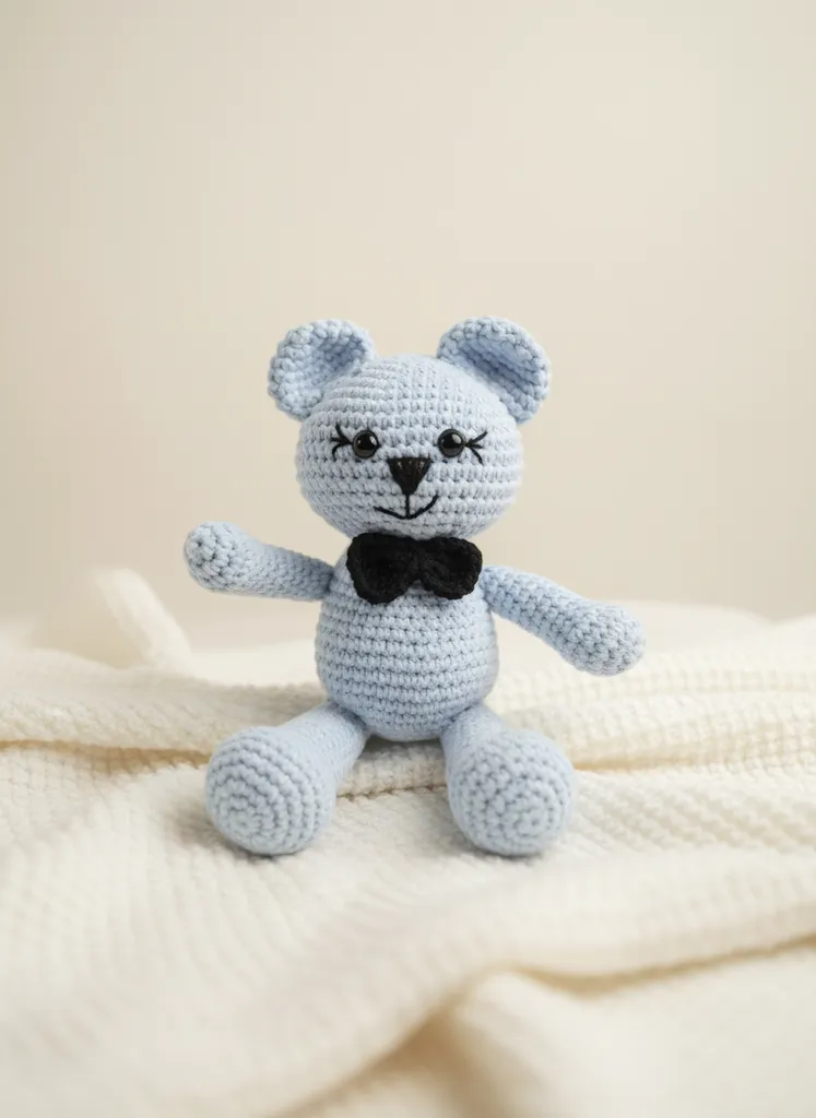 El Yapımı Mavi Amigurumi Ayıcık Oyuncak - Siyah Papyonlu Sevimli Ayıcık