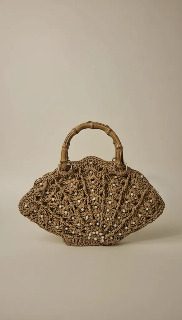 El Yapımı Hasır Örgü Boncuklu Deniz Kabuğu Model Omuz Çantası