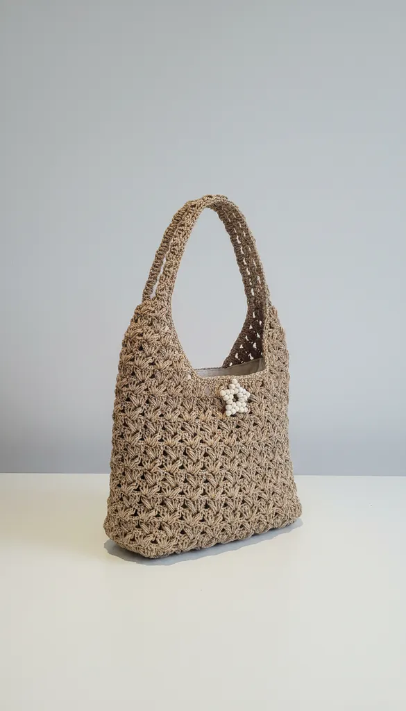 El Yapımı Kağıt İp Örgü Omuz Çantası - Bej Renkli Astarlı ve Boncuk Detaylı