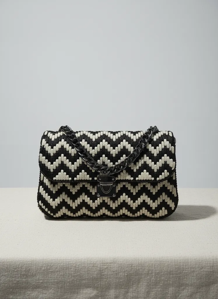 Siyah Beyaz Zigzag Desenli El Örmesi Omuz Çantası | El Yapımı Şık Tasarım