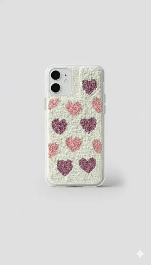 iPhone 11 Uyumlu El Yapımı Punch Nakışı Mor ve Pembe Kalp Desenli Telefon Kılıfı