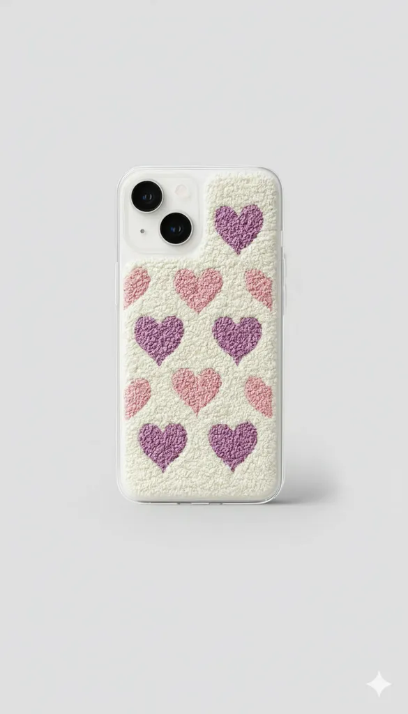 iPhone 15 Uyumlu El Yapımı Punch Nakış Mor ve Pembe Kalp Desenli Telefon Kılıfı
