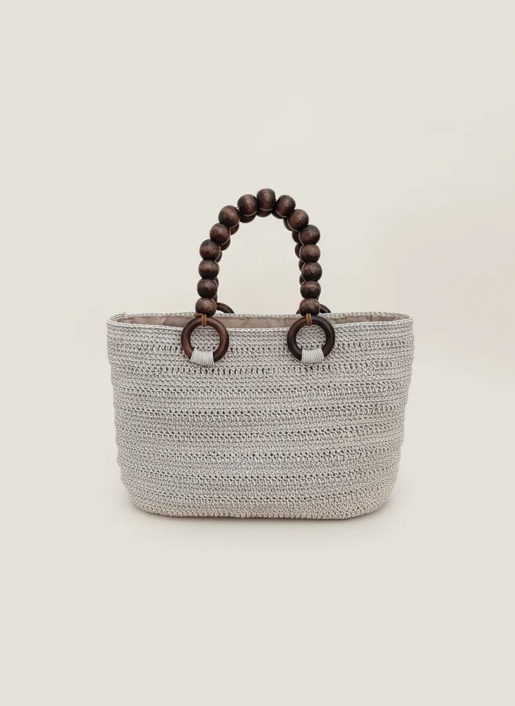 Krem Rengi Ahşap Saplı Tasarım Çanta | Astarlı Plaj Çantası