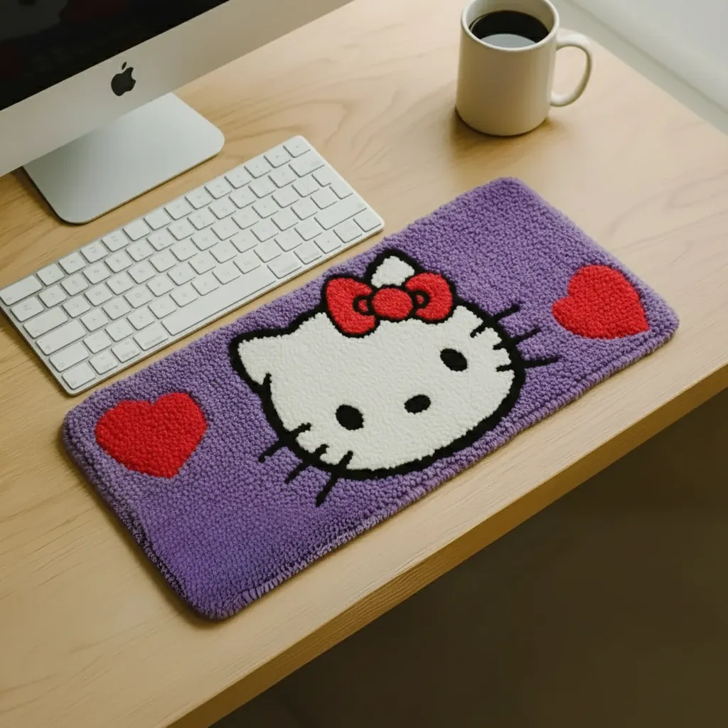 Mor Hello Kitty Desenli Klavye Altlığı - Peluş Dokulu Mousepad Halı
