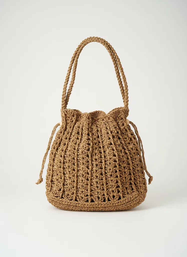 El Örgüsü Kahverengi Kağıt İp Omuz Çantası - Büzgülü ve Şık Tasarım