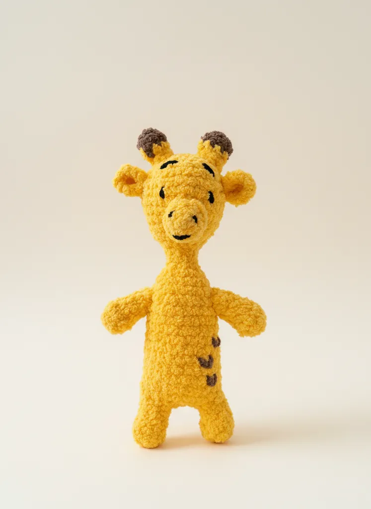Sarı Kadife İpten El Örgüsü Amigurumi Zürafa Oyuncak Bebek Hediye