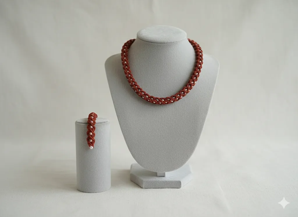 Kahverengi Tonlarında Kristal Detaylı Sarmal El Yapımı Kolye Bileklik Seti