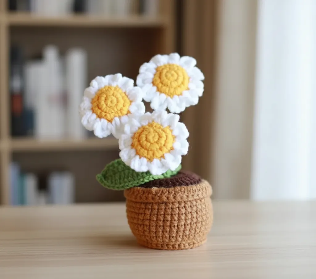 El Yapımı Papatya Buketi Örgü Saksı - Dekoratif Amigurumi Çiçek