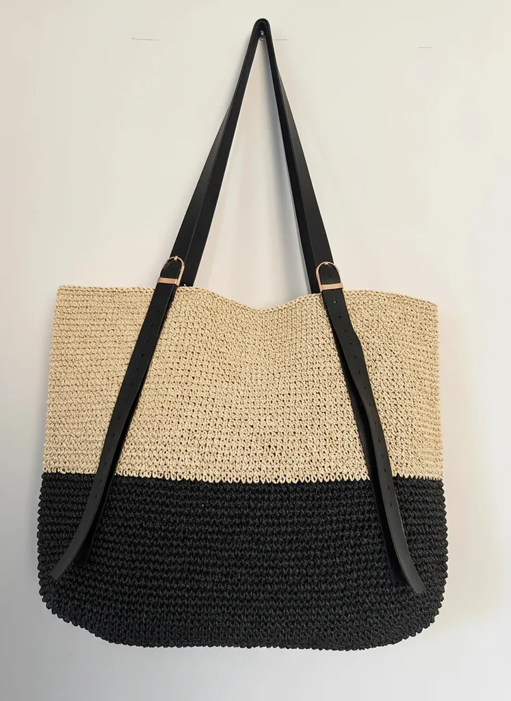 Kağıt İp Örgü Omuz Çantası - Bej ve Siyah Renk Büyük Boy