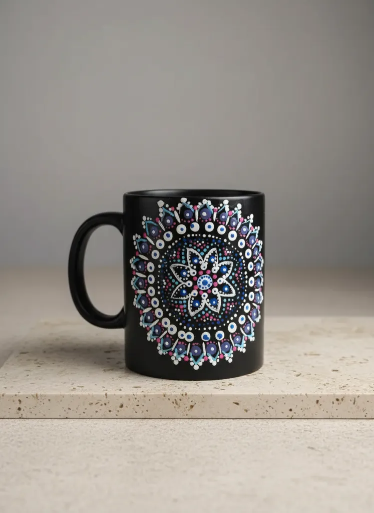 Siyah Seramik Kupa - Polimer Kil Mandala Desenli Tasarım