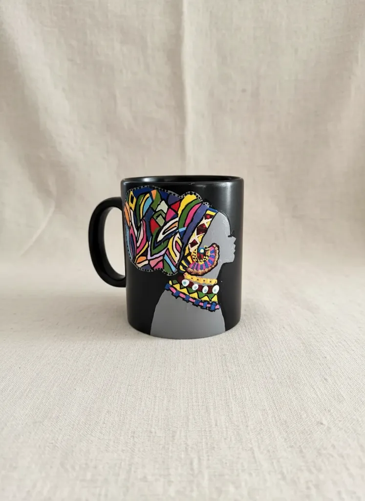 Handmade Black Ceramic Mug - Polymer Clay Colorful African Woman