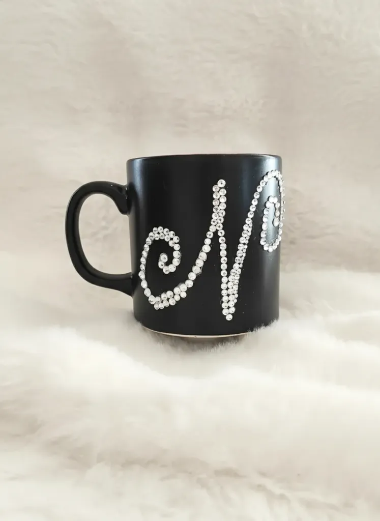 Black Ceramic Special Design Lettered Mug with Stone Embroidery