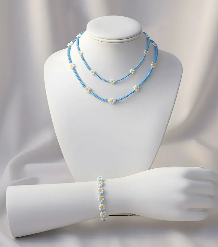 Mavi Boncuklu Papatya Motifli 3'lü Takı Seti: Kolye ve Bileklik