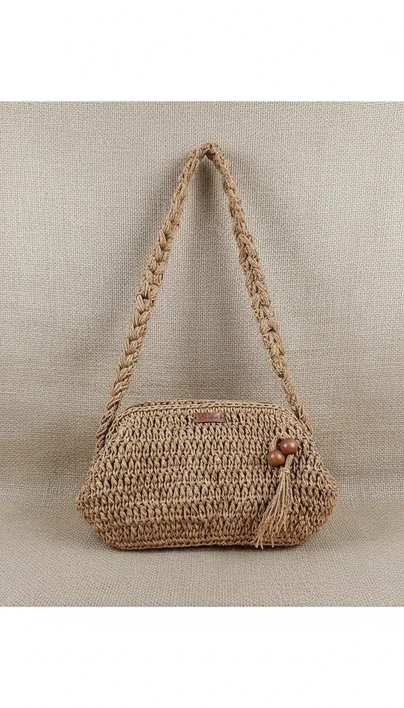 Örme Hasır Omuz Çantası - Kahverengi Bohem Tarzı
