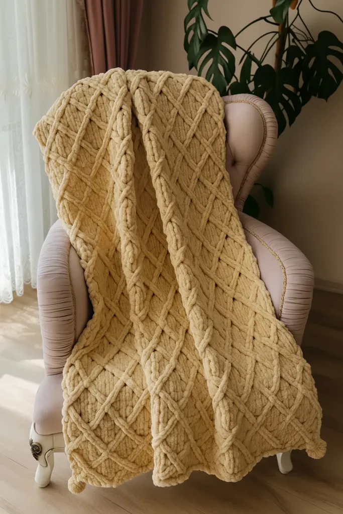 Sarı Puffy El Yapımı TV Battaniyesi - Kalın Örgü, Yumuşak Dokulu