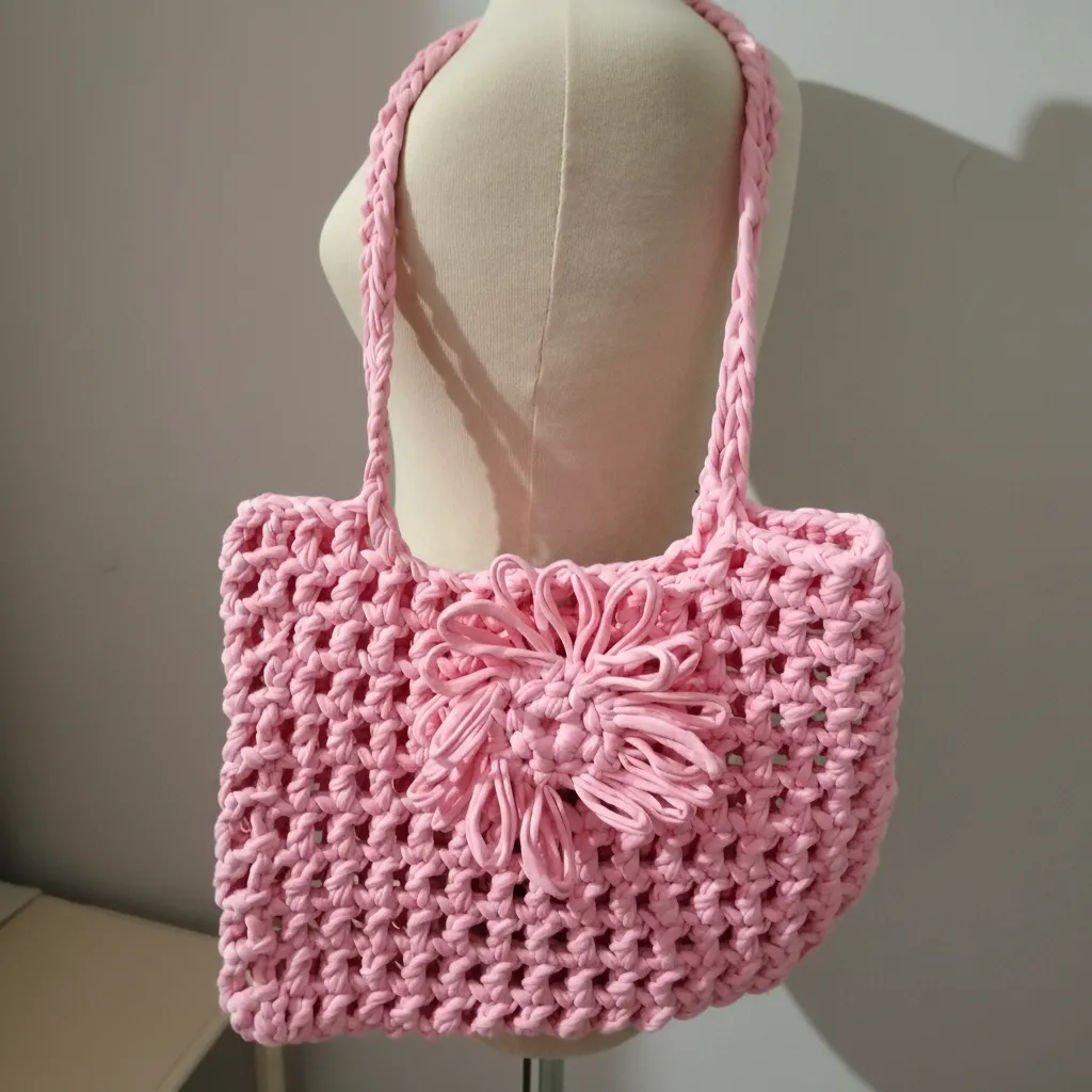 Pembe File Çanta - Şık Tasarım Penye İp Omuz Çantası