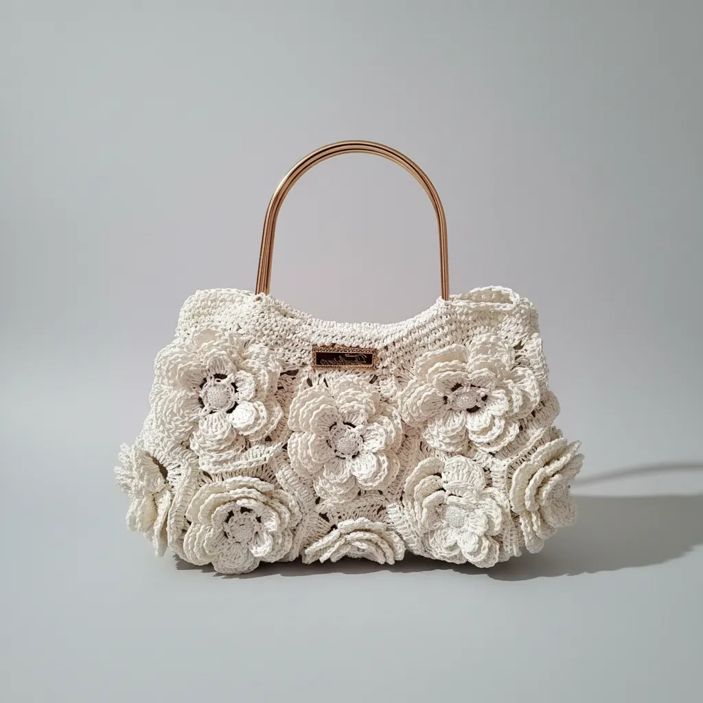Kağıt İp Beyaz Güllü Abiye Çanta - Özel Tasarım