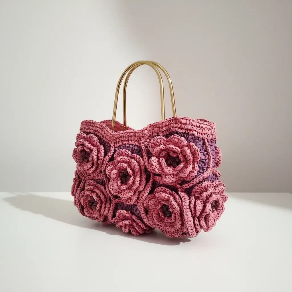 Kağıt İp Abiye Güllü Omuz Çantası - Pembe ve Mor Renk