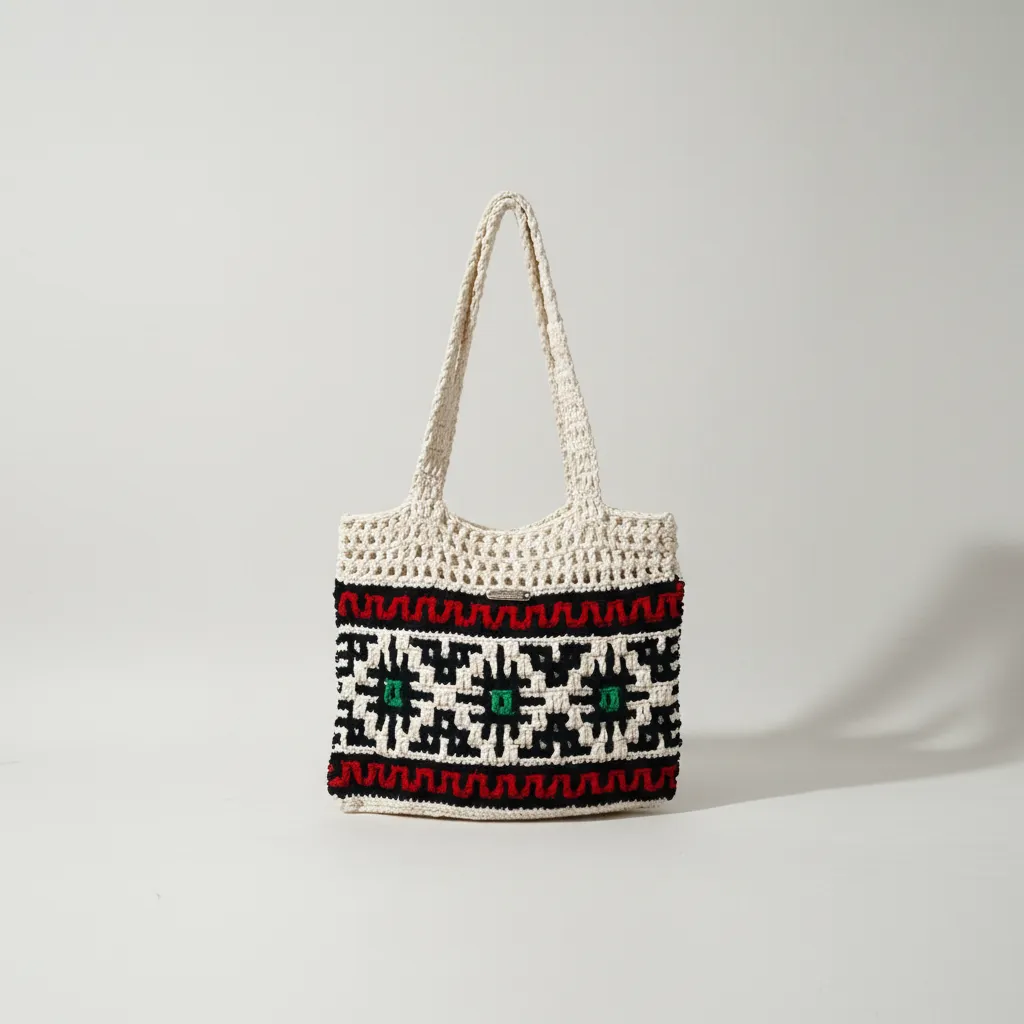 Pamuk Makrome Kilim Desenli Omuz Çantası - Krem, Siyah, Kırmızı