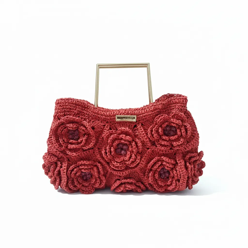 Kağıt İp Örgü Güllü Abiye Çanta - Kiremit Rengi