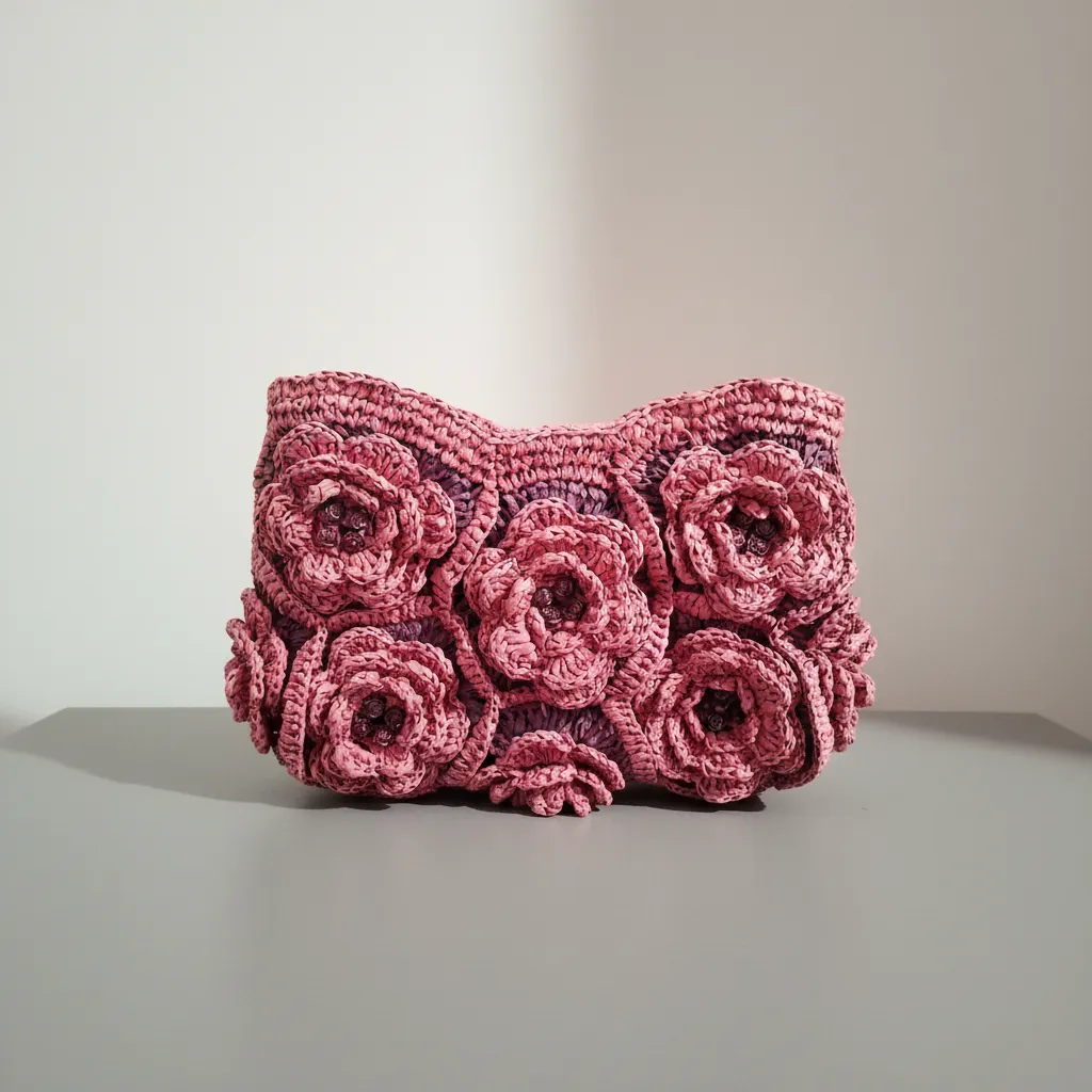 Kağıt İp Örgü Abiye Çanta Gül Motifli Pembe Mor Renkli