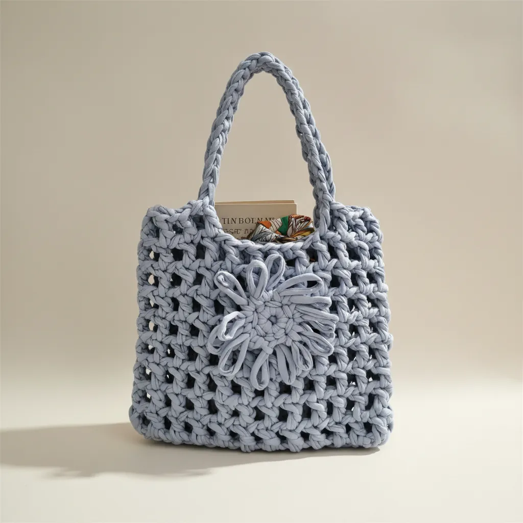 Gri Renkli Penye İp File Çanta Plaj Alışveriş Çantası